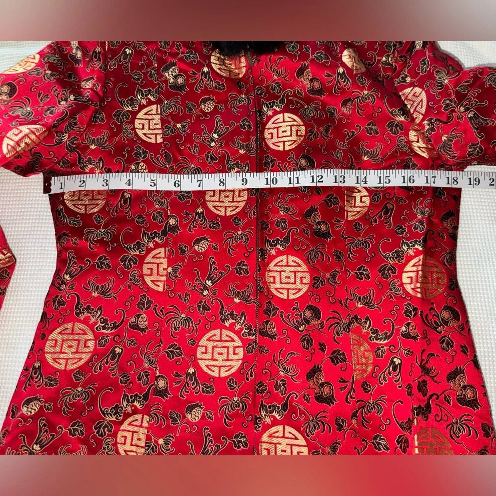 Chinese Silk Blend Jacket Rabbit Fur Collar Red Tailored blazer sz L /US Small - Picture 6 of 14